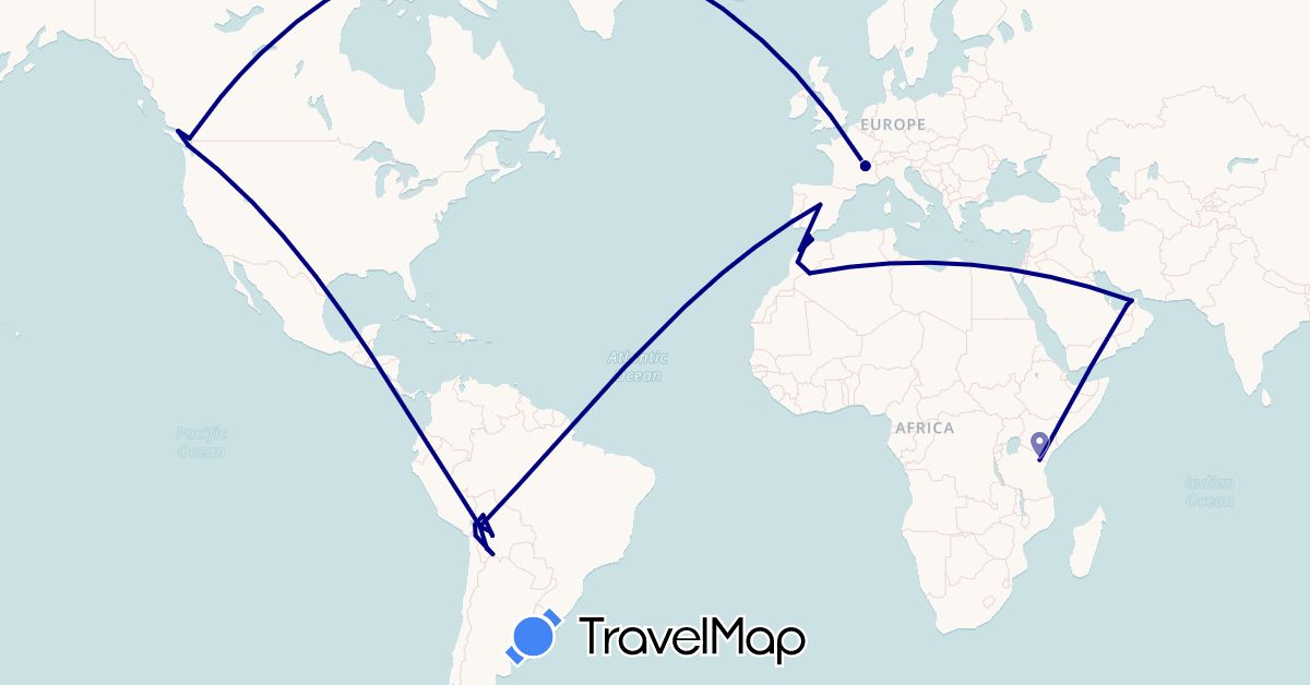 TravelMap itinerary: driving in United Arab Emirates, Bolivia, Canada, Spain, France, Morocco, Tanzania (Africa, Asia, Europe, North America, South America)